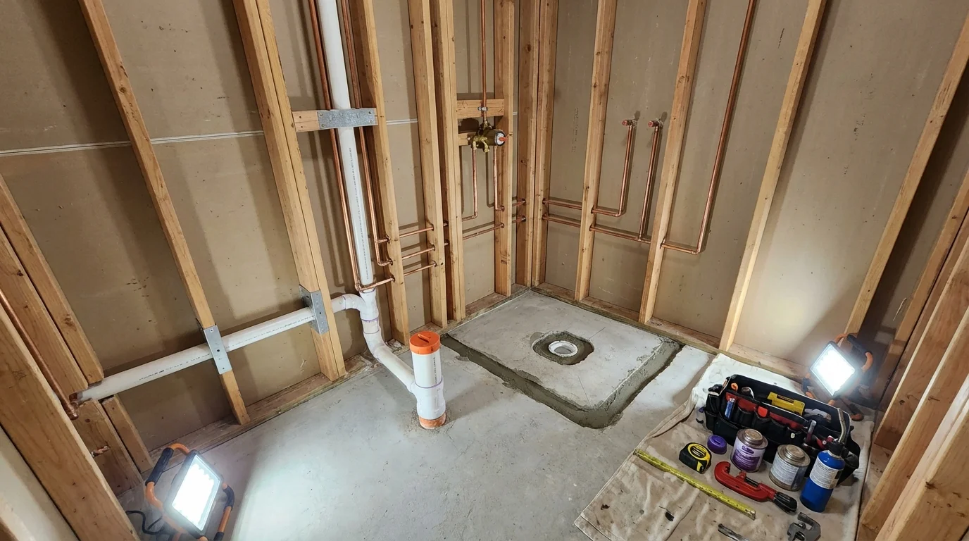 Bathroom rough-in plumbing during remodel by Johns Plumbing LLC in Edenton