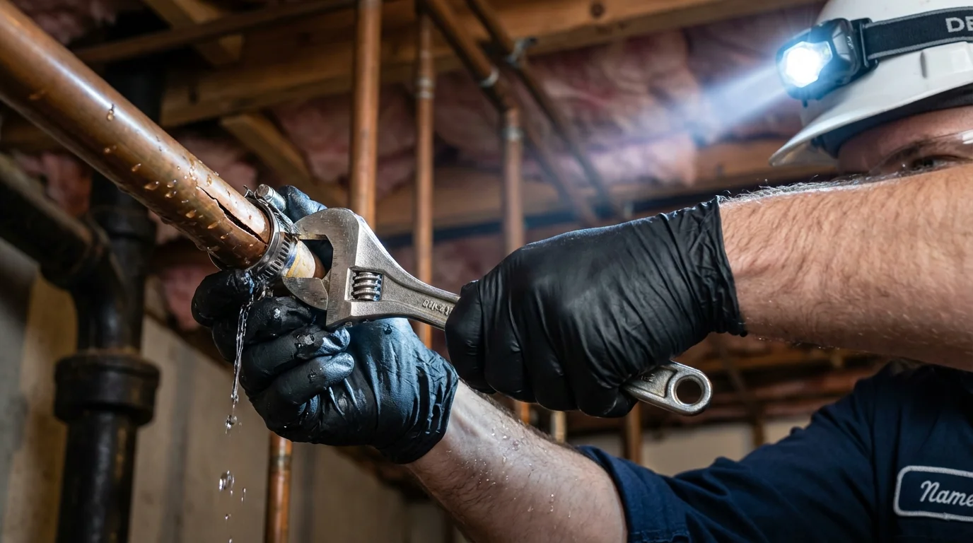 Emergency pipe clamp repair being performed by a Johns Plumbing LLC plumber in Edenton