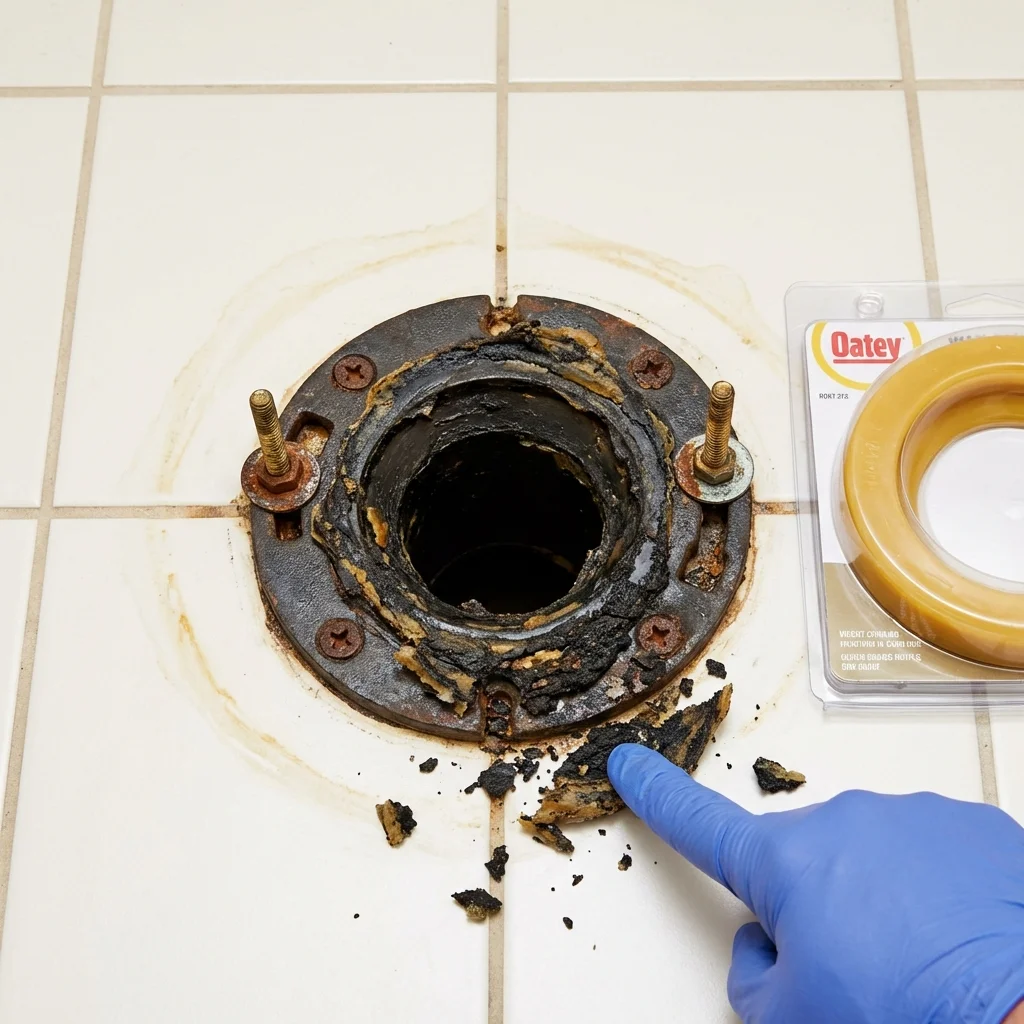 Failed wax ring showing water seepage at the base of a toilet in a Edenton, NC home